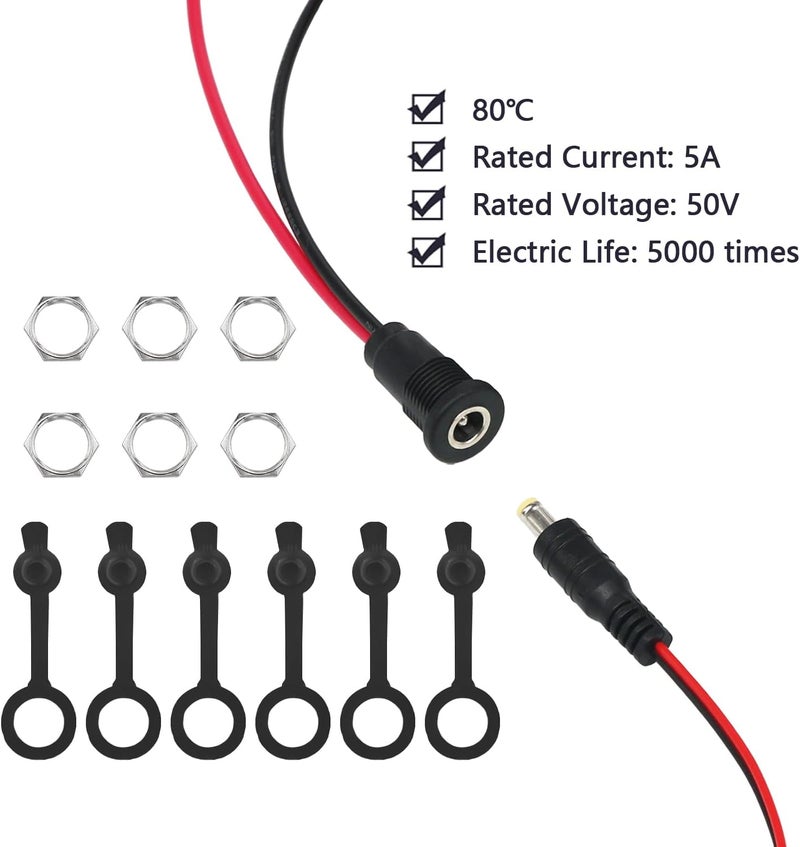 Tugermoola 6 Sets 5.5 x 2.1mm DC Power Jack Threaded Female Panel Mount Barrel Connector Adapter Kit with Cover Cap OLA012 - Image 4